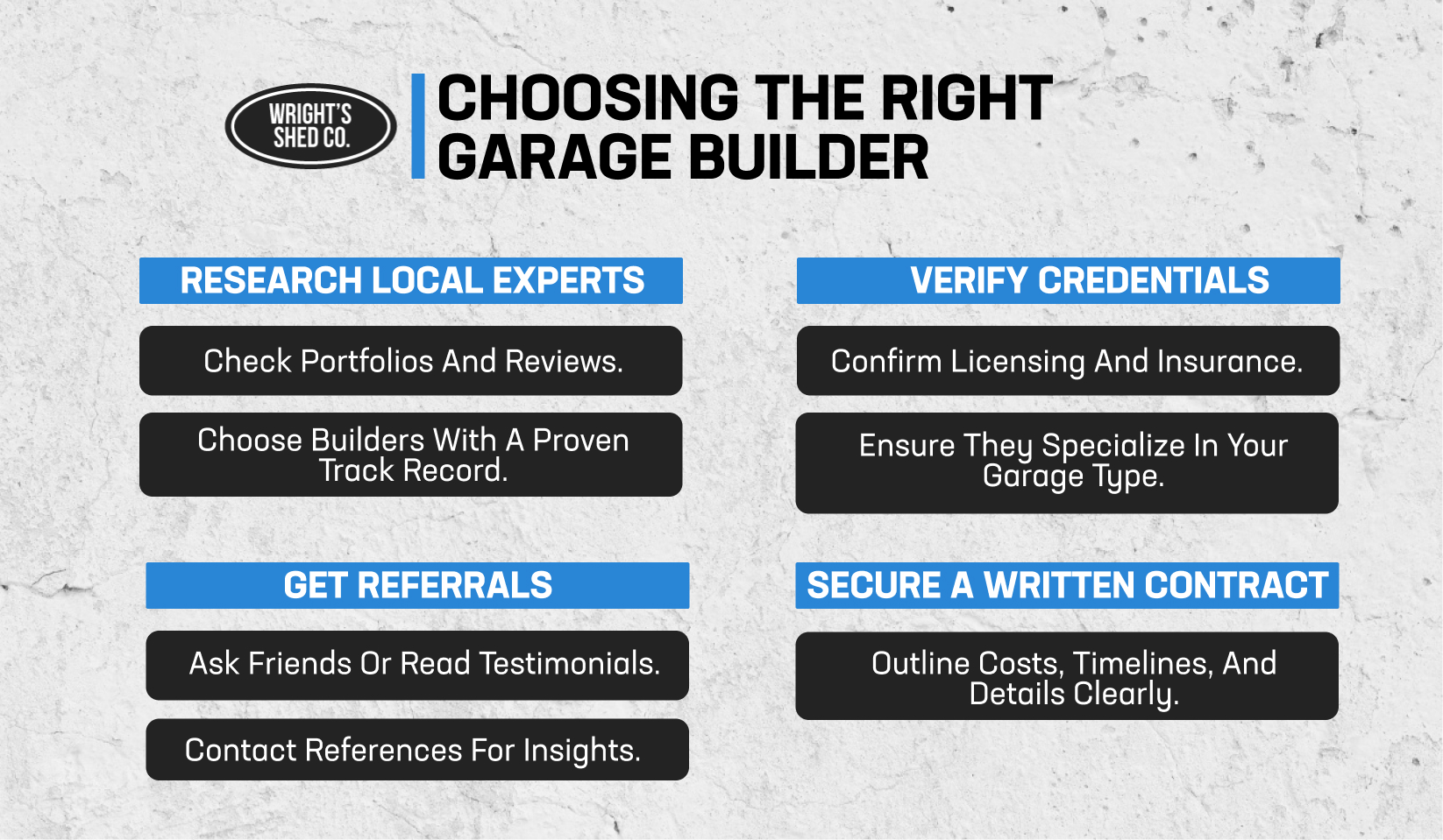 Infographic outlining key steps to find trusted professionals for custom garages near me, including research, credentials, and contracts.