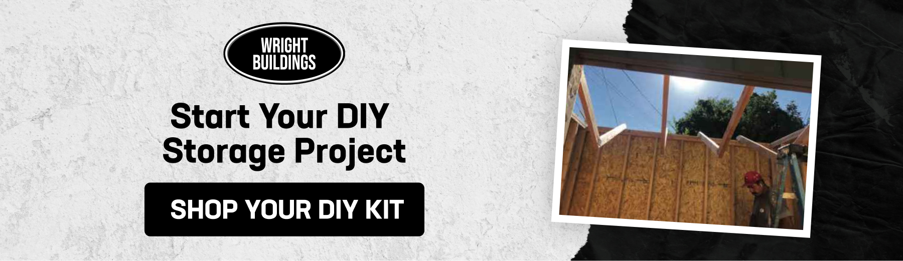 Promotional banner showing Wright Buildings logo and a person assembling a wooden shed with a call-to-action to shop DIY shed kits