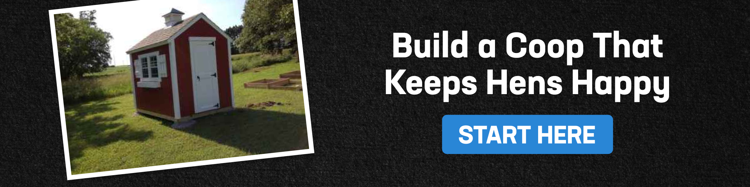 CTA banner with red chicken coop and text: build a custom chicken coop that keeps hens happy, plus a Start Here button