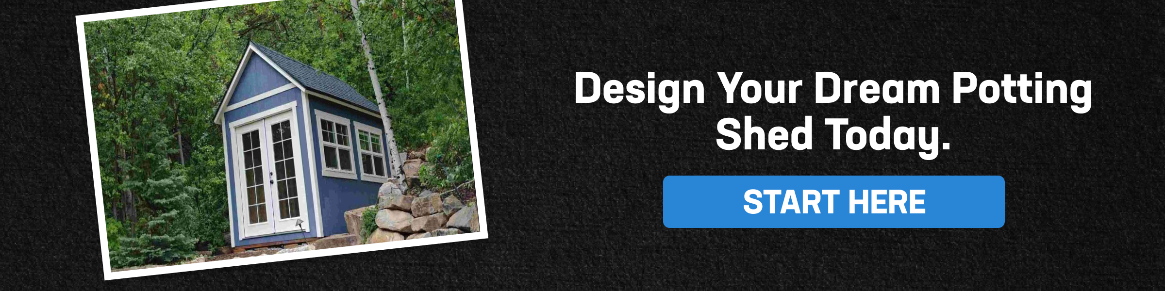 Blue shed in a wooded area promoting custom potting shed designs for creating a functional and beautiful garden space