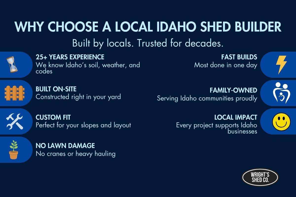 Infographic highlighting benefits of local Idaho shed builders—fast builds, on-site construction, and quality sheds of Idaho built by locals.