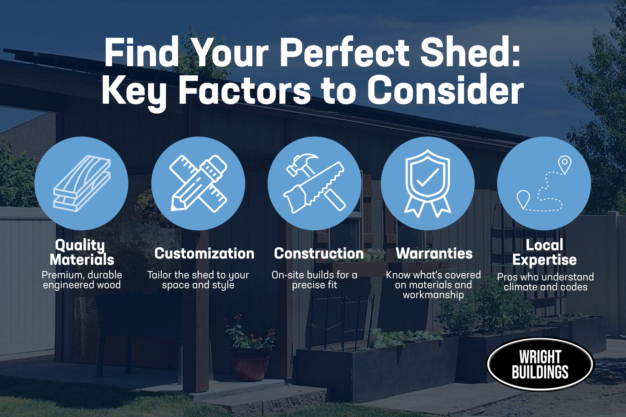Key Factors When Choosing a Storage Shed Company Graphic showing key factors like materials, customization, construction, warranties, and local expertise for selecting a storage shed company.