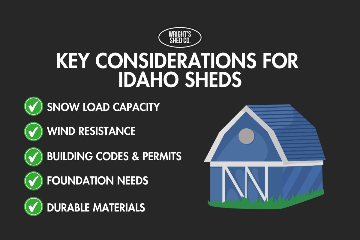 Checklist graphic on snow load, wind resistance, permits, foundation, and materials—key tips for sheds Idaho buyers