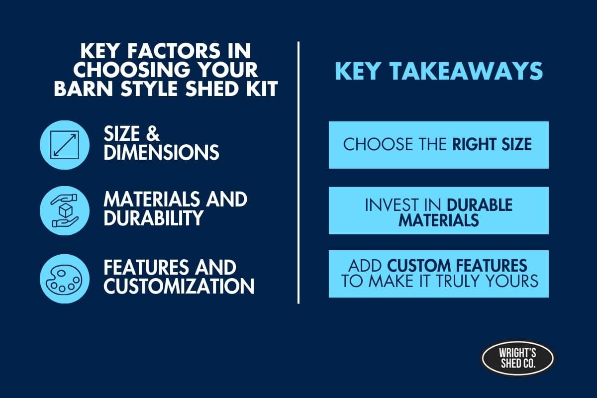 Infographic shows size, materials, and customization as key factors and takeaways when choosing Barn style shed kits