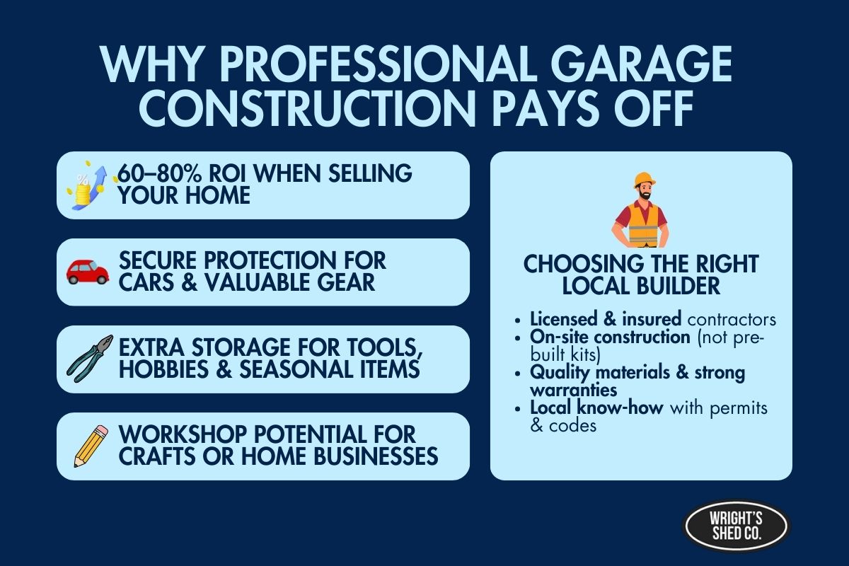 Infographic on ROI, security, and storage benefits, plus tips to choose local builders for garage construction near me.
