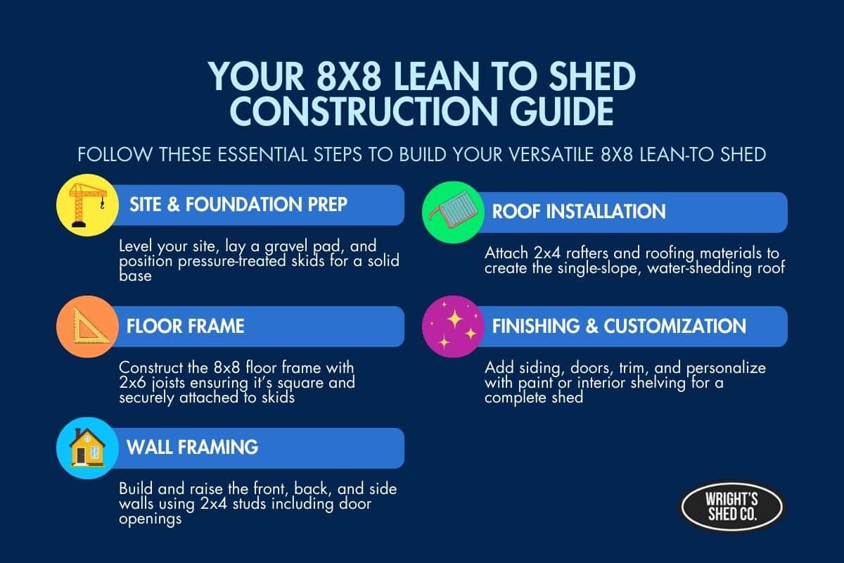 Illustrated guide showing steps to build an 8x8 lean to shed, including site prep, framing, roof installation, and finishing tips.
