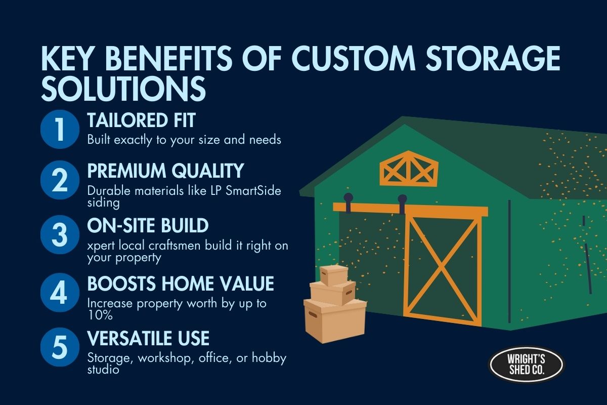 Infographic showing benefits of custom outdoor storage including tailored fit, premium quality, on-site build, home value boost, and versatility.