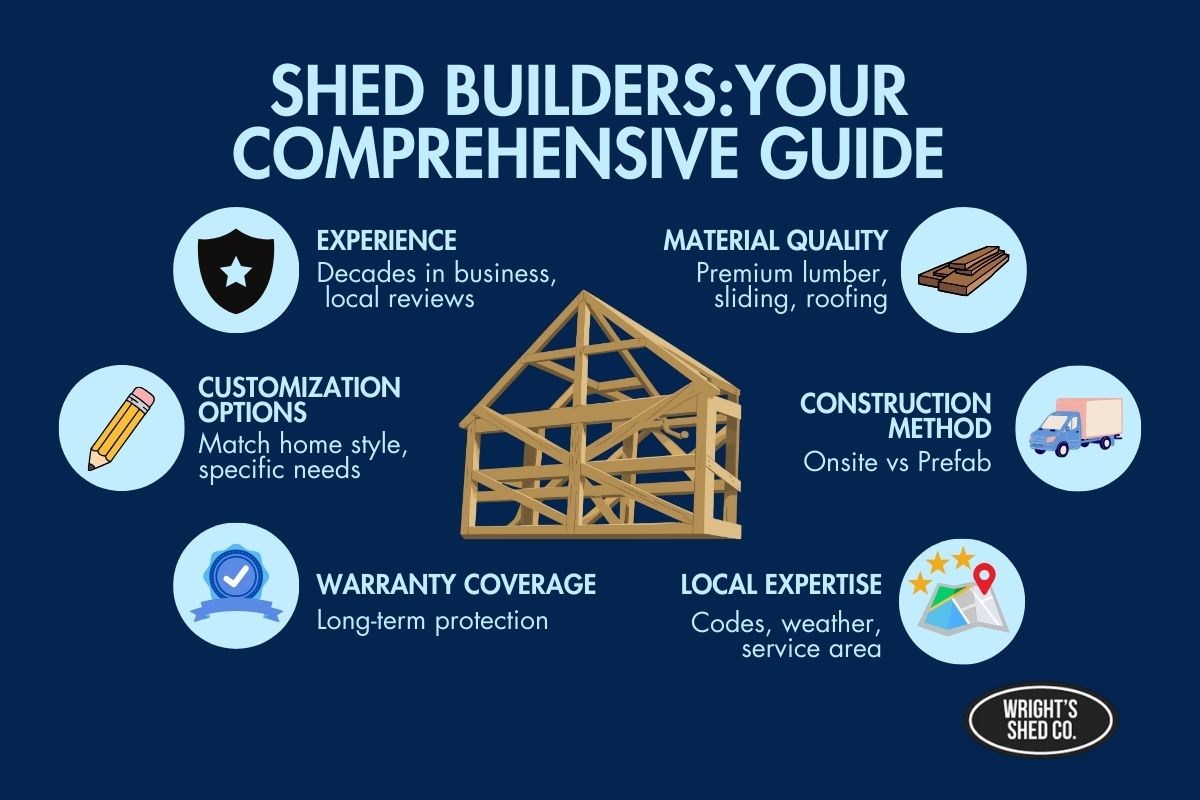 Infographic for shed builders: experience, materials, customization, onsite vs prefab, warranties, and local expertise