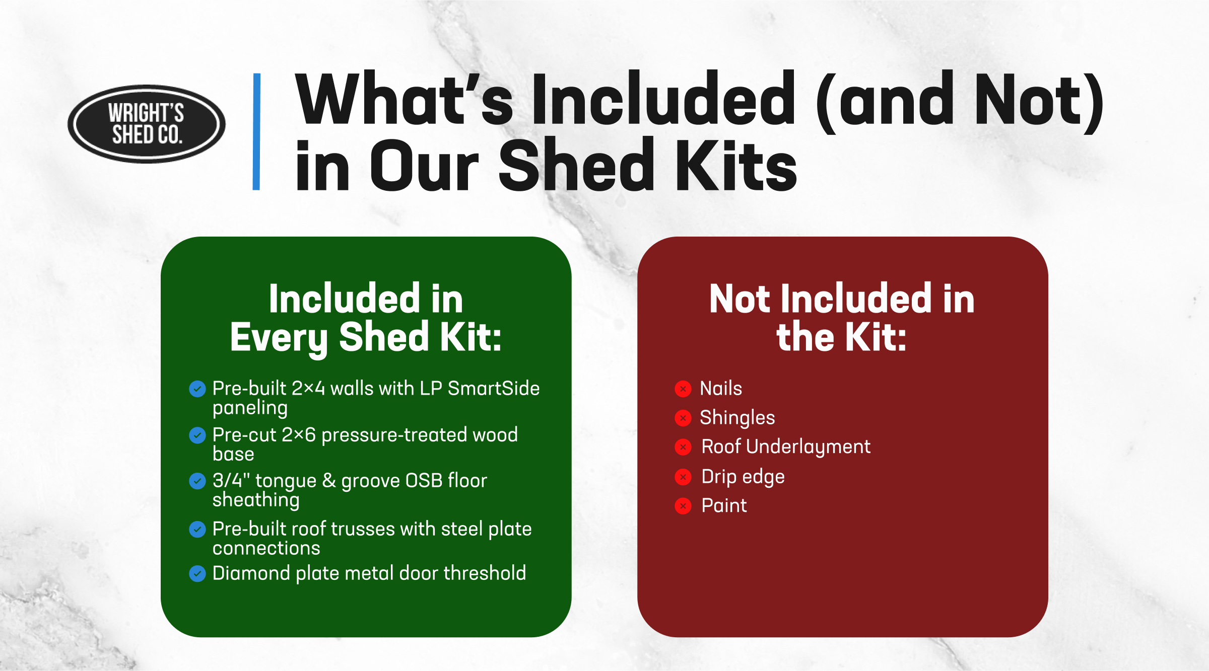 DIY shed kits Utah from Wright’s Shed Co.—includes walls, base, roof trusses, excludes shingles and paint
