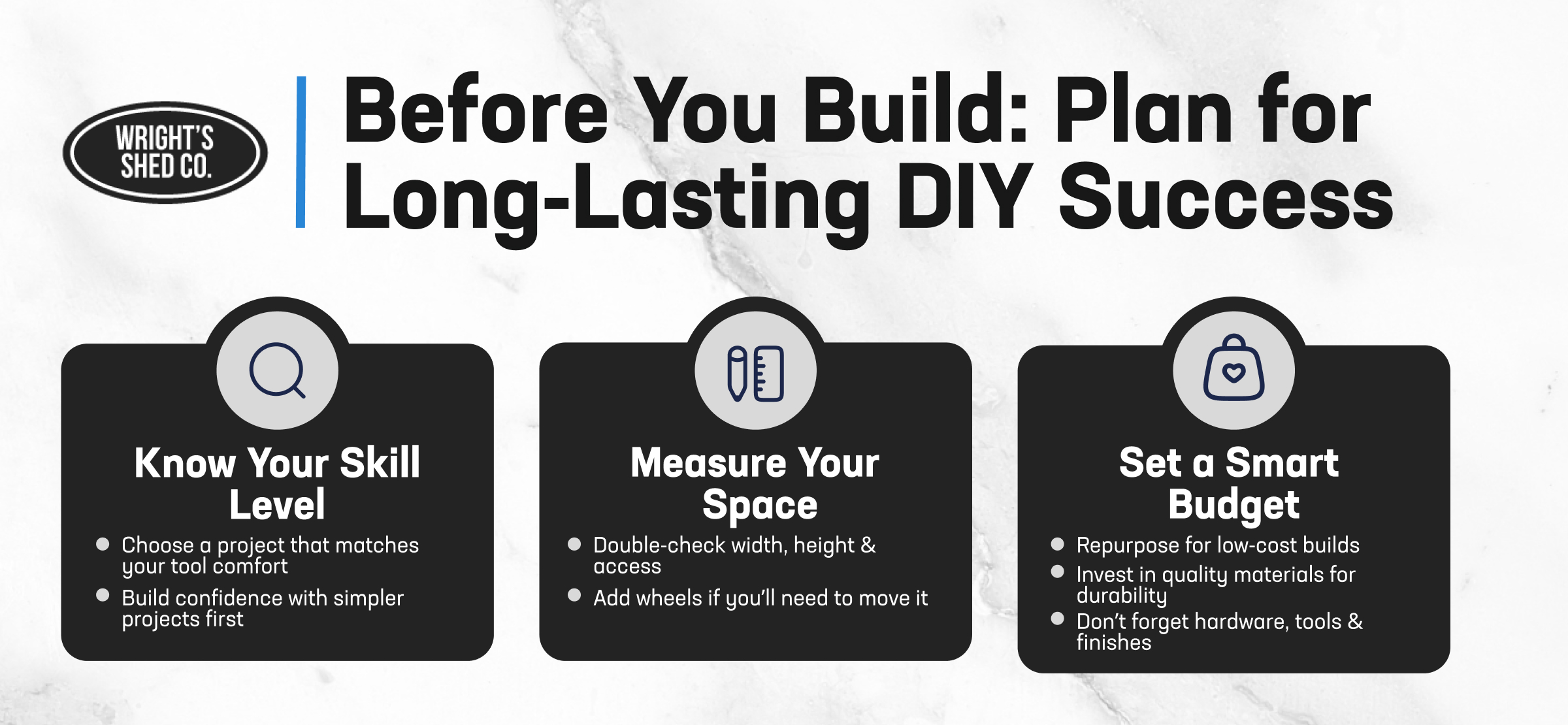 Infographic with tips to build a long-lasting DIY outdoor storage, including budgeting and space planning