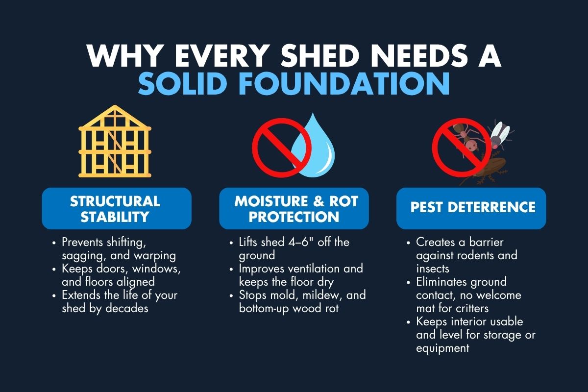 Graphic explaining why a solid foundation is essential for a shed build including stability, moisture control, and pest prevention