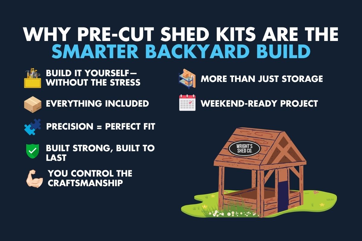 Benefits of pre-cut shed kits, including easy assembly, precision fit, durability, and weekend-ready backyard projects