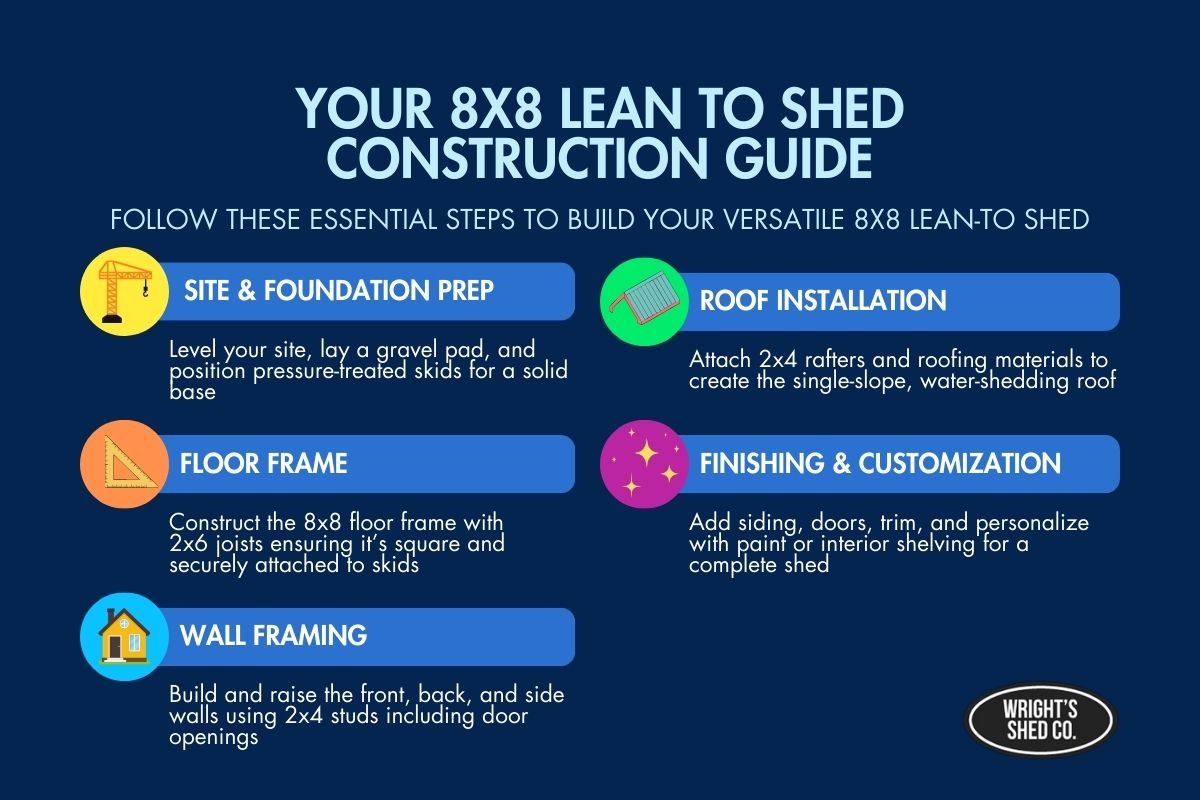 Infographic guide for building an 8x8 lean to shed, covering site prep, floor framing, wall framing, roof installation, and finishing. 