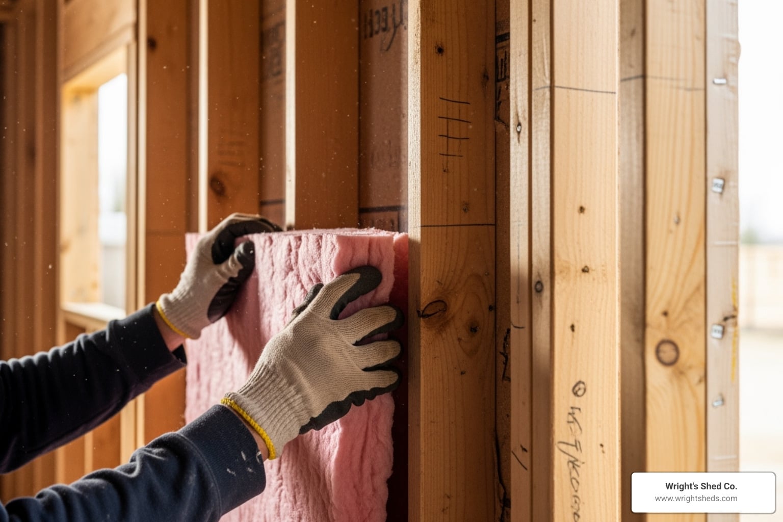 Insulation types being installed in a shed wall - climate controlled storage shed