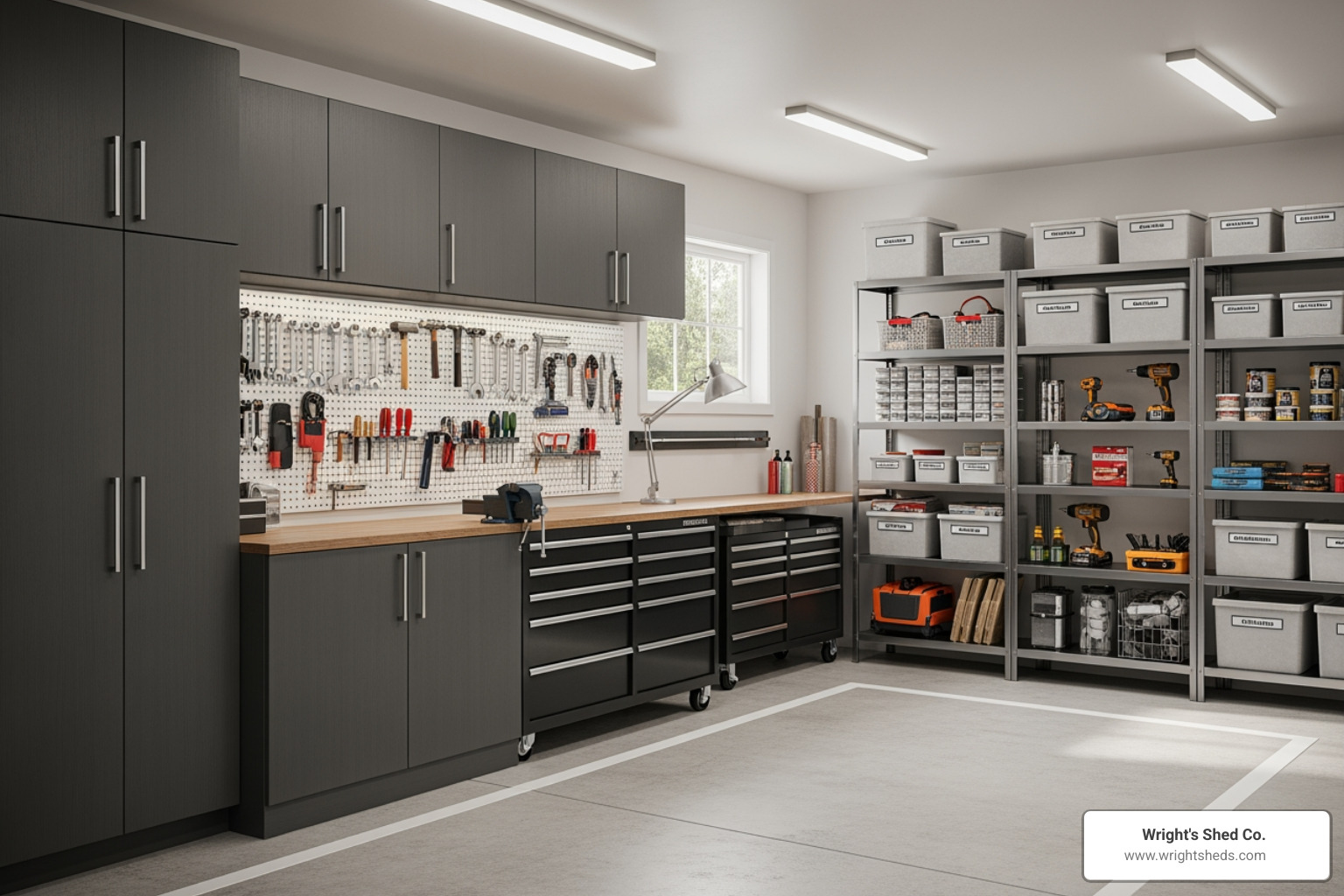 Modern Garage Storage Setup Photo of a modern garage storage setup featuring cabinets, tool organization, shelving, and labeled bins for efficient garage storage ideas.