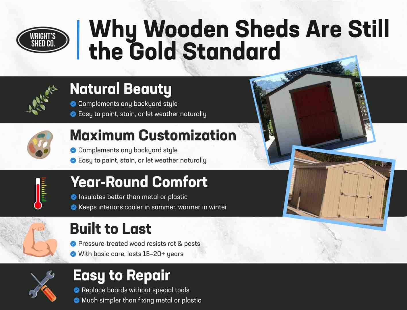 Infographic from Wright’s Shed Co. showing why wooden garden sheds remain the top choice for durability and style.