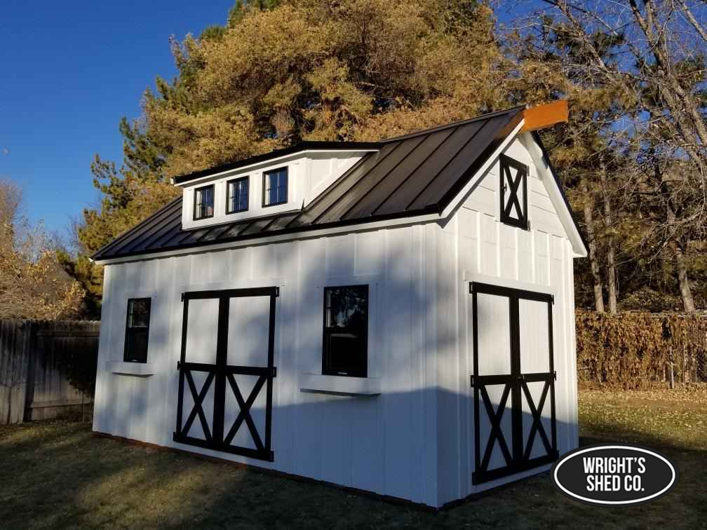 Custom Storage Shed Buying Checklist featuring large backyard shed with black trim, level base, and ready-to-install yard setup