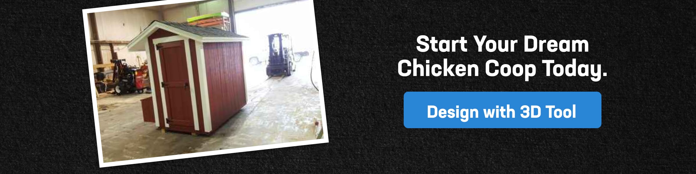 Red custom backyard chicken coop inside workshop with call to start custom chicken coop design using a 3D design planning tool.