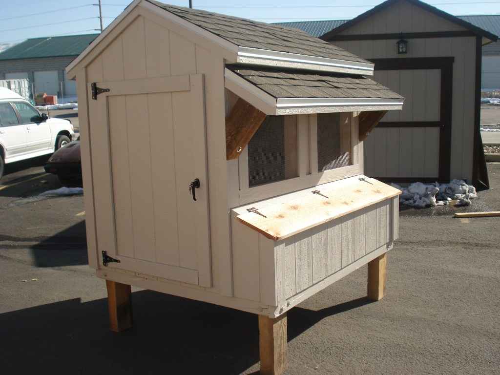 Raised custom chicken coop design with sloped roof, nesting box access door, and ventilation panels built for backyard poultry housing.