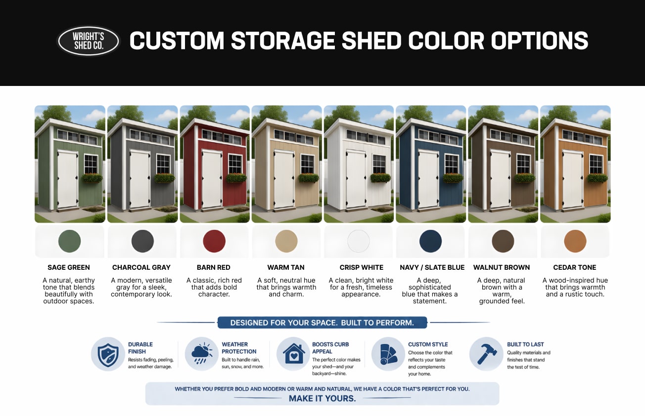 Custom Storage Shed Color Options Guide Custom storage shed color and siding options chart showing multiple shed colors including sage green, charcoal gray, barn red, and navy blue choices
