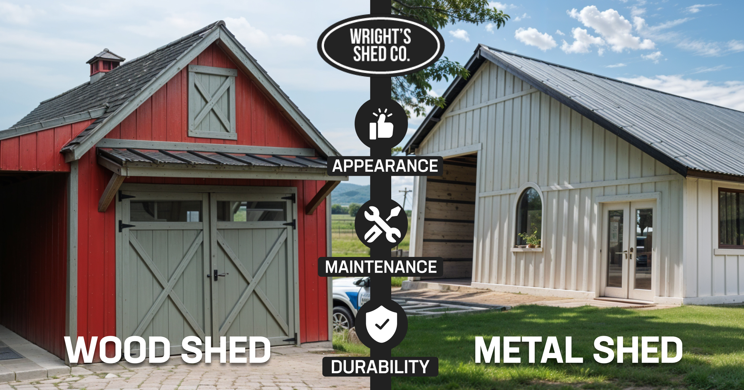 Vineyard shed comparison showing wood shed and metal shed designs side by side highlighting appearance, maintenance, and durability differences