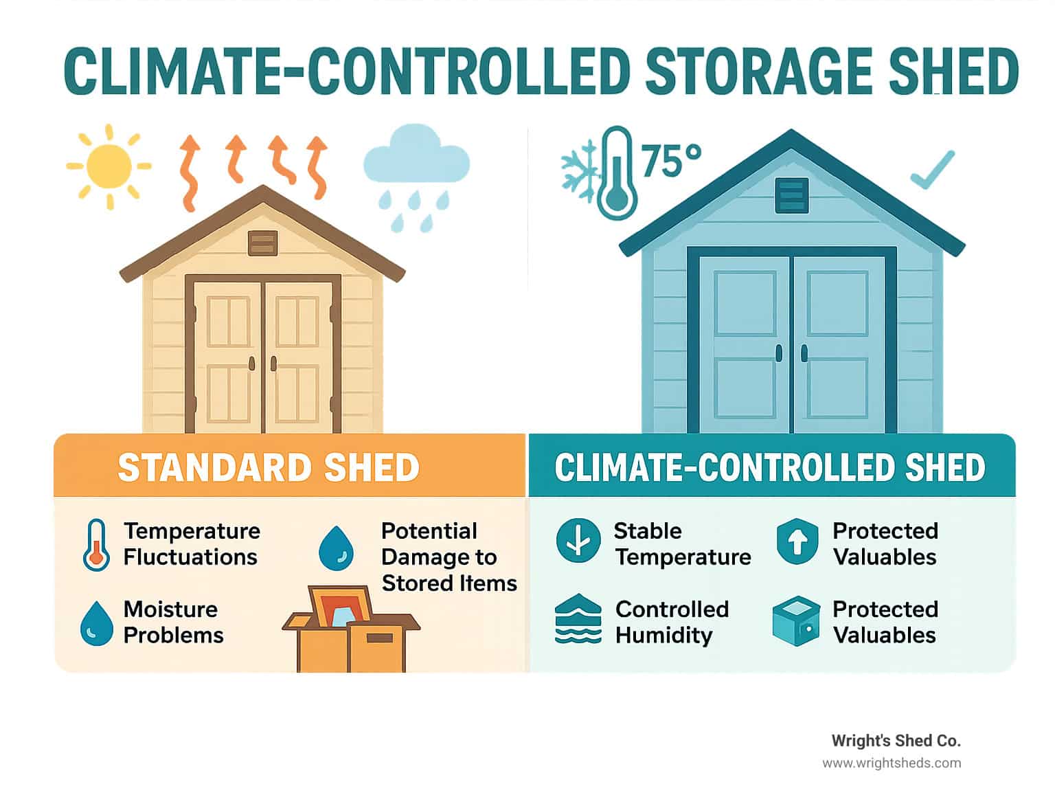 Comparison infographic showing a standard shed versus a climate controlled storage shed