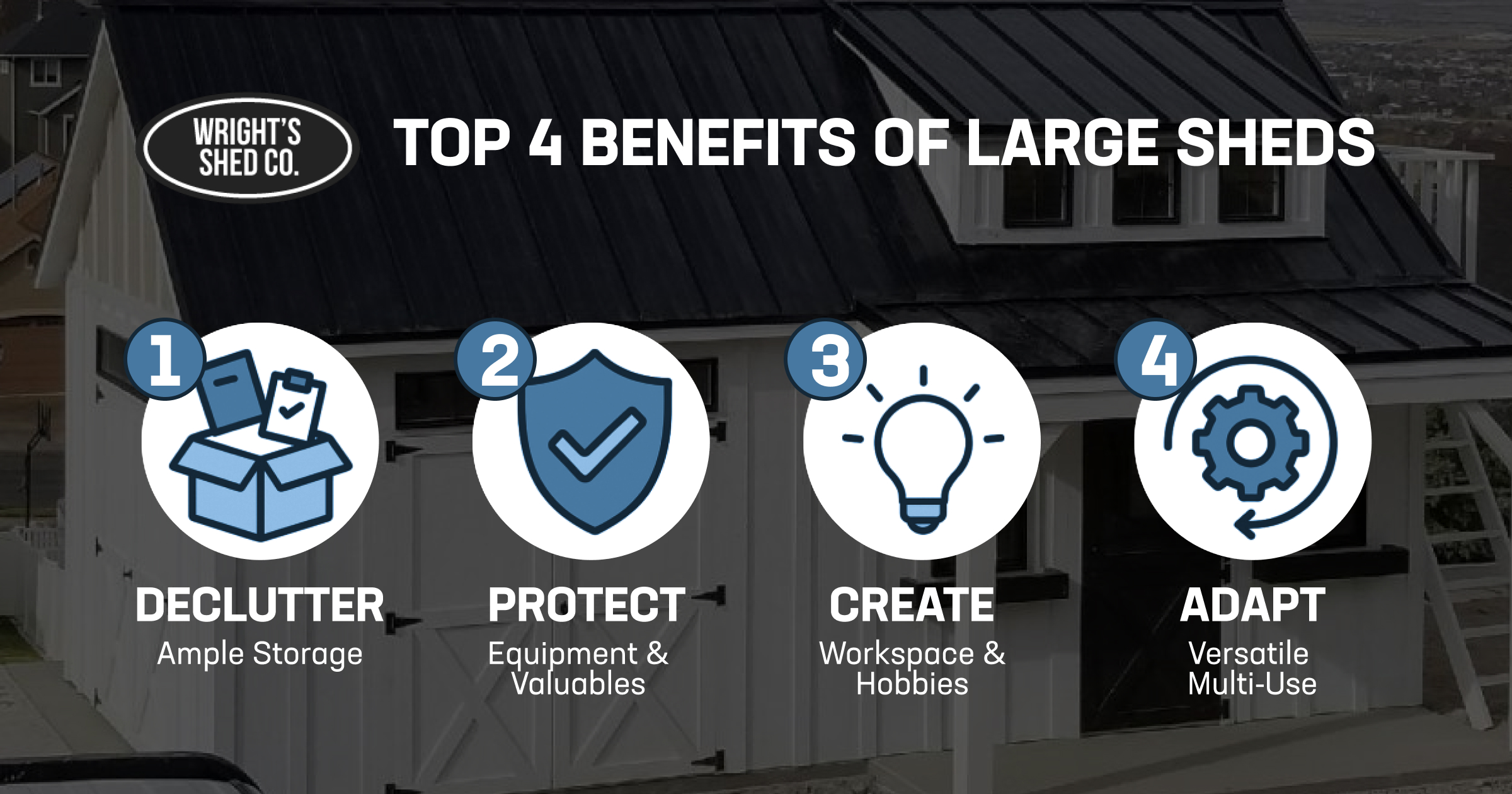 Infographic showing the top benefits of large sheds, including storage, protection, workspace creation, and versatile multi-use options.
