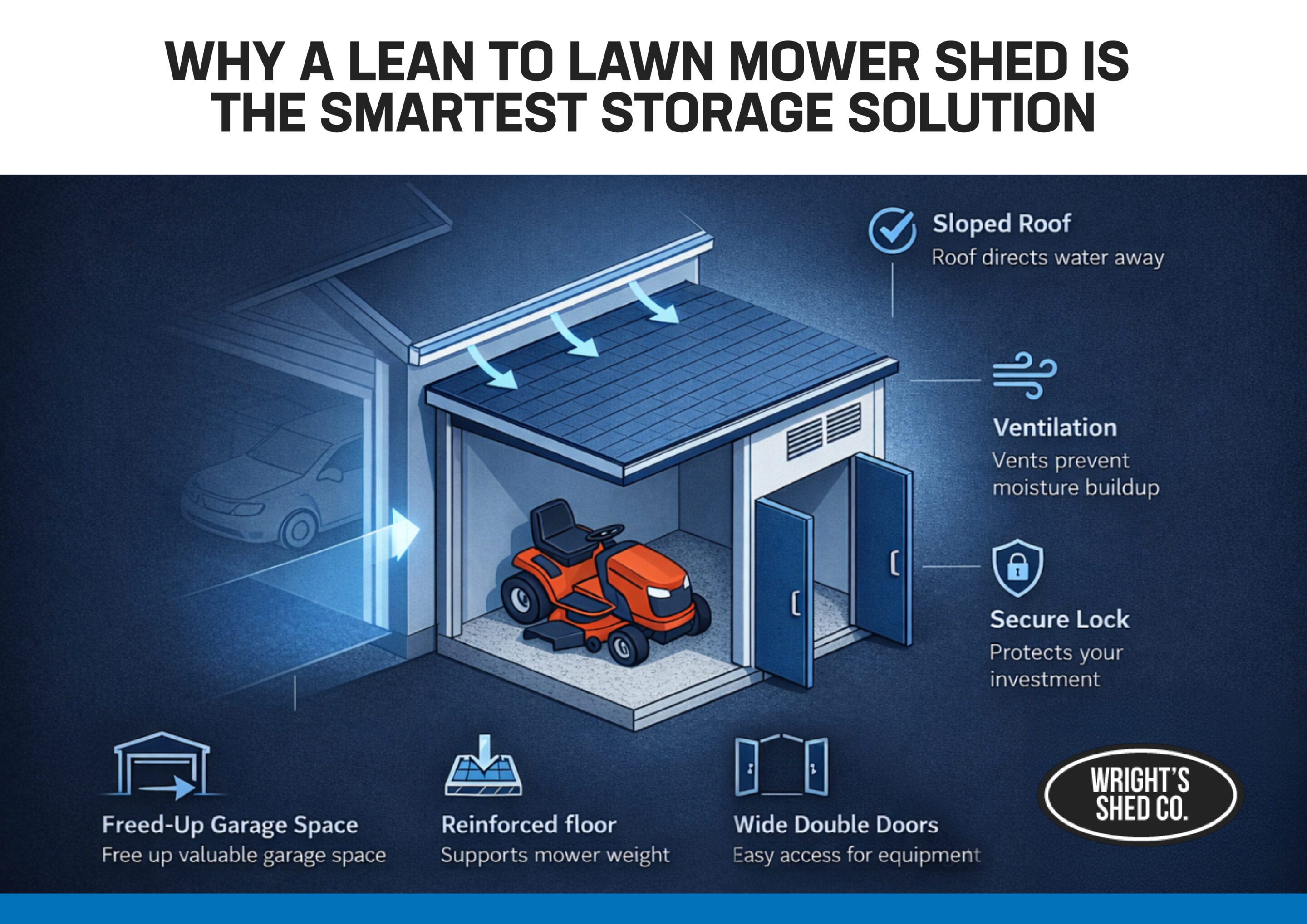 Infographic explaining why a lean to lawn mower shed is a smart storage solution, highlighting sloped roof drainage, ventilation, secure locking, reinforced flooring, and space-saving design.