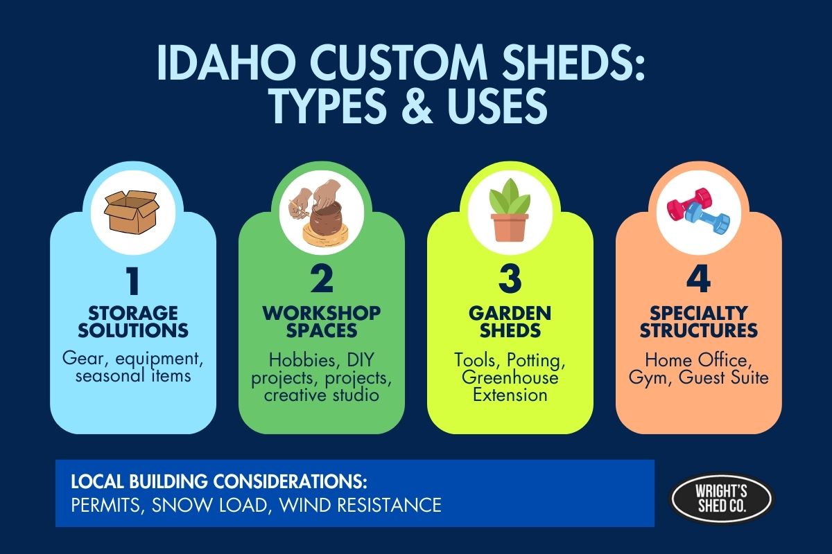 Infographic of custom sheds of idaho uses: storage solutions, workshop spaces, garden sheds, and specialty structures; includes permit and snow load notes.