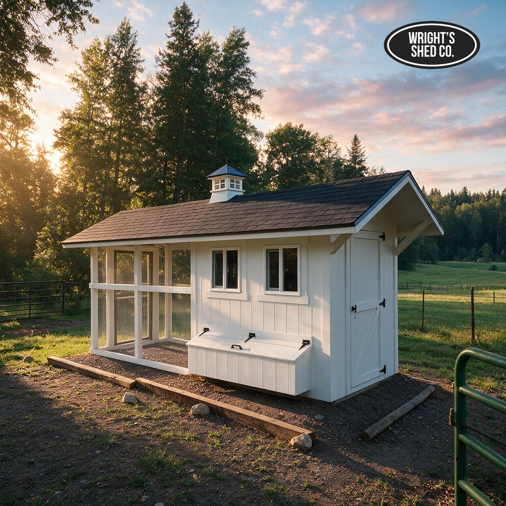 Built on site vs delivered shed comparison featuring a custom chicken coop shed designed for lasting outdoor use.