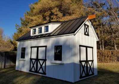 10x20 foot shed with 9-foot walls, featuring a beam and pulley system