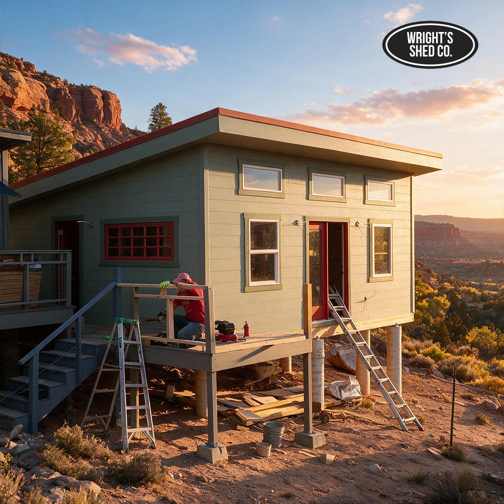 Shed builder red flags shown through an elevated custom shed under construction, highlighting quality workmanship standards.