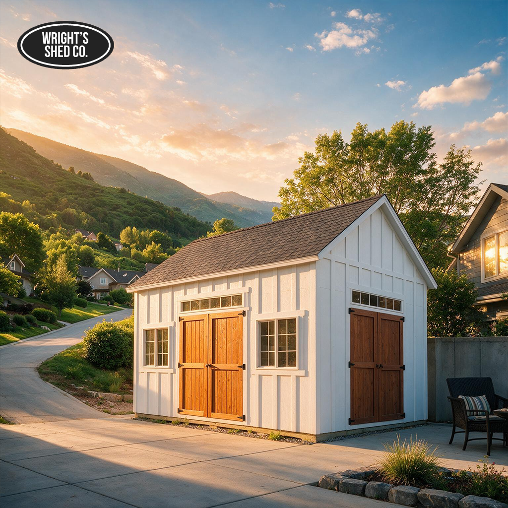 Best time to buy shed: white backyard shed with wooden doors in a scenic mountain neighborhood at sunset.