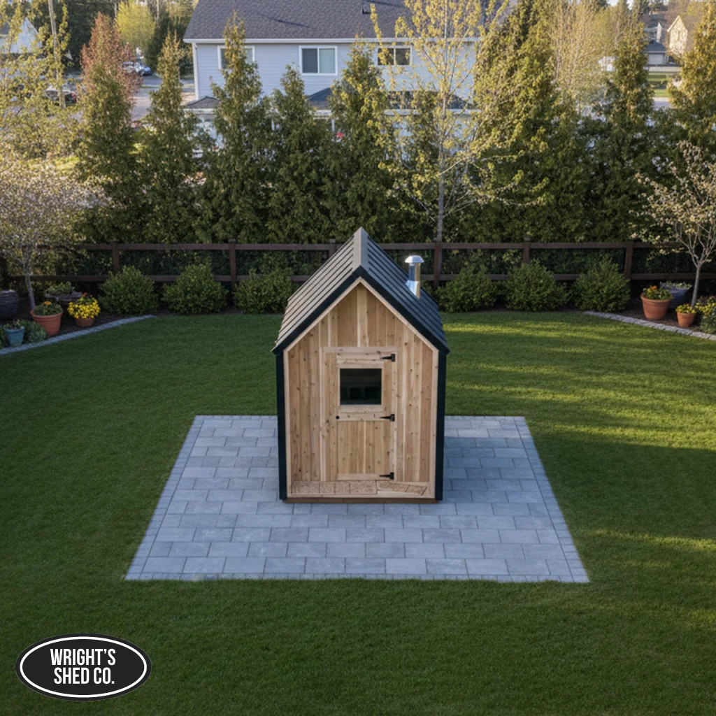 Backyard cedar sauna on a paver pad, illustrating sauna electrical requirements for a residential outdoor installation.