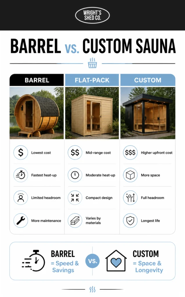 Barrel sauna vs custom built sauna infographic comparing cost, heat-up speed, space, headroom, and maintenance needs.