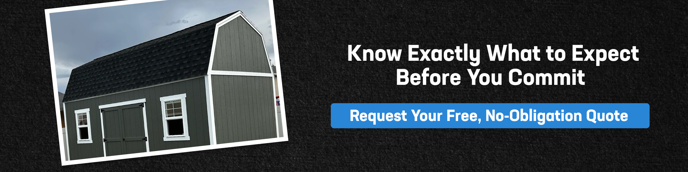 Custom barn-style shed with a quote request CTA, helping homeowners learn how much do shed builders charge.