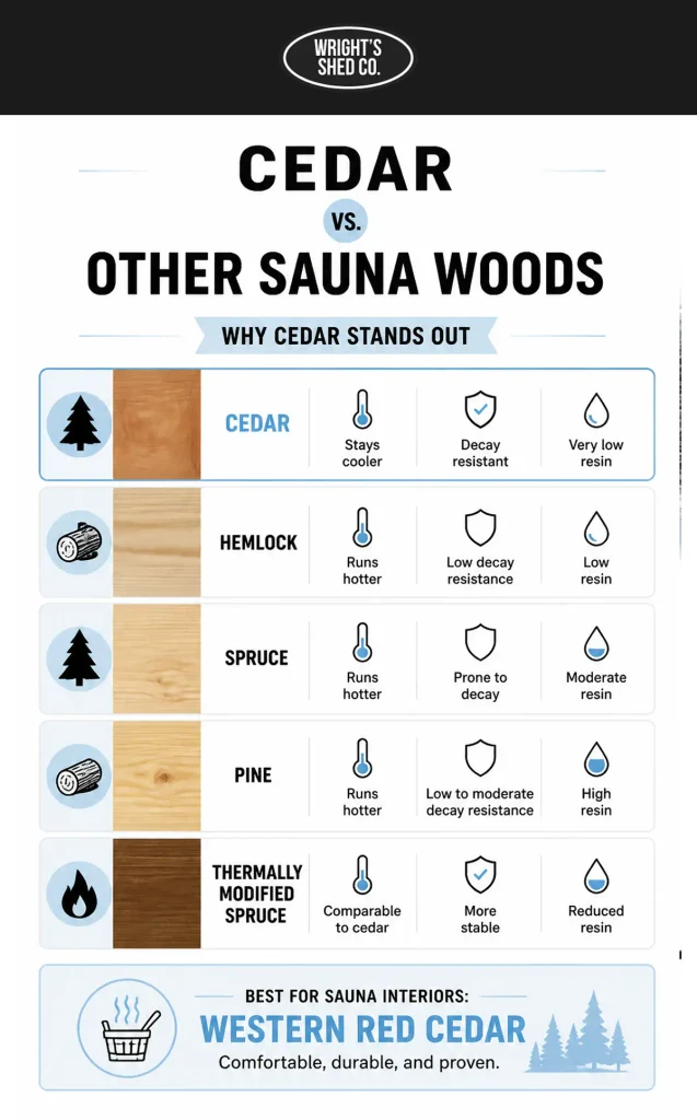 Cedar sauna wood compared with hemlock, spruce, pine, and thermally modified spruce for heat and durability.