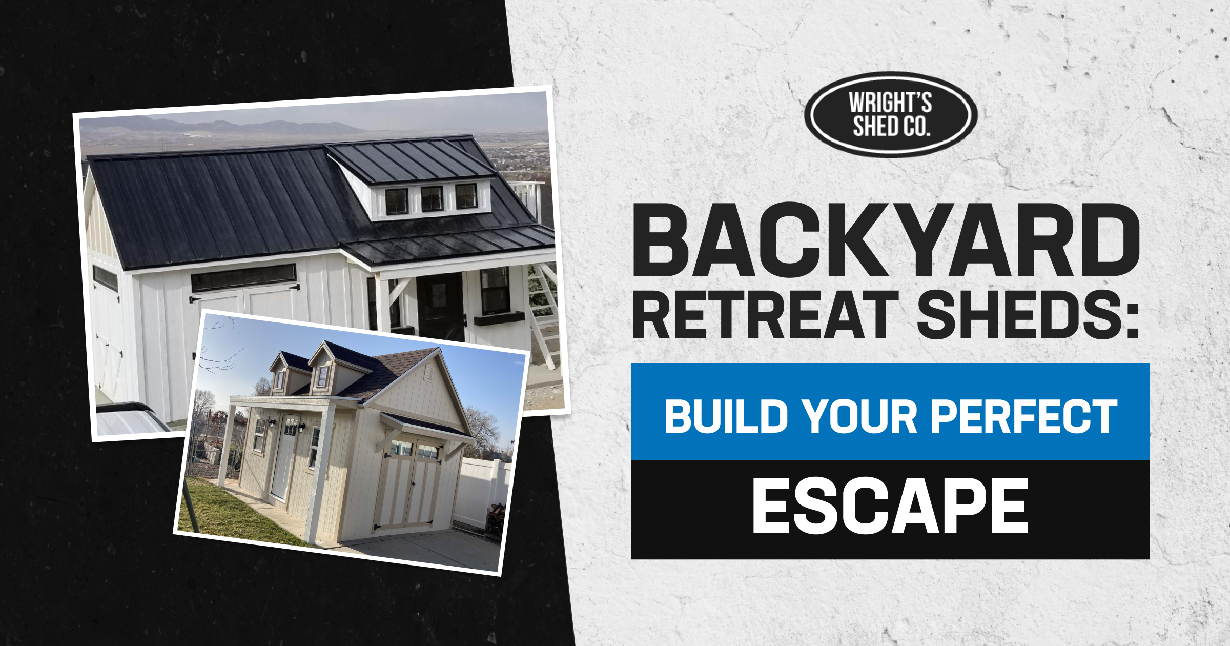 White backyard retreat shed with black metal roof and windows, designed as a cozy escape and stylish backyard retreat shed