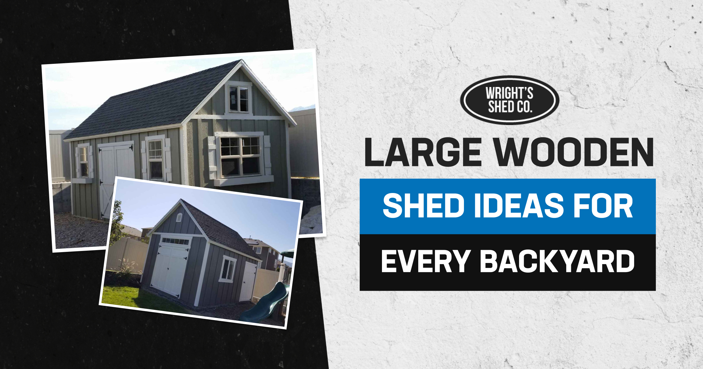 Two large wooden sheds displayed on a textured background, showcasing design ideas and inspiration for building a wooden large shed