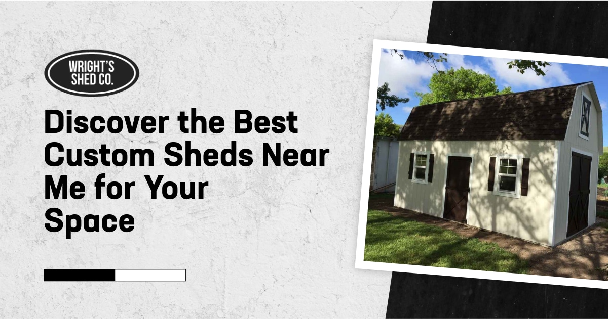 White barn-style custom shed with dark roof and shutters on green lawn
