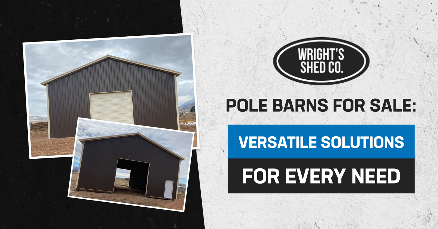 Brown steel pole barn with white roll-up garage door and side entry.