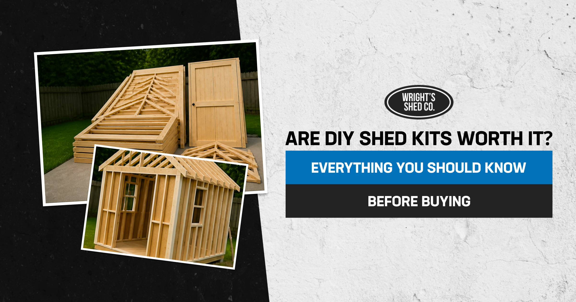 Are DIY Shed Kits Worth the Investment? DIY shed kits with pre-cut wall panels, roof trusses, and doors ready for assembly before outdoor installation.