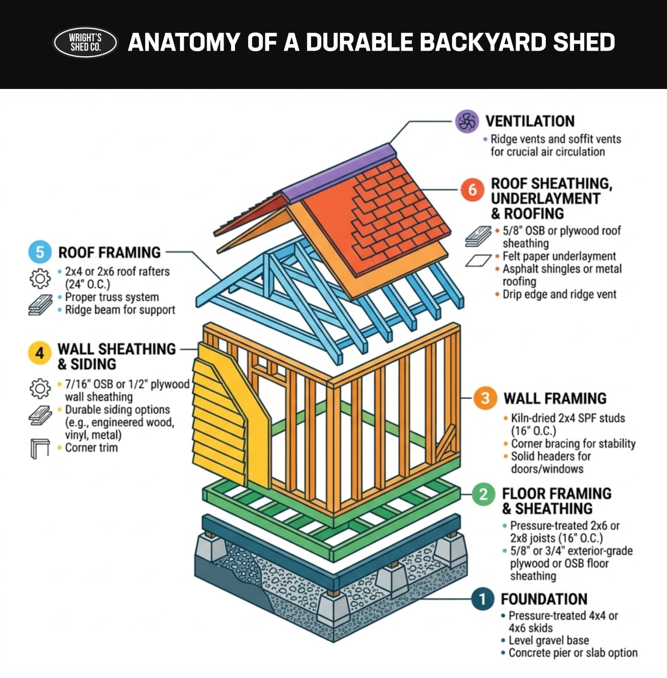 Exploded-view infographic showing the anatomy of a durable backyard shed, including foundation, framing, roofing, siding, and ventilation.