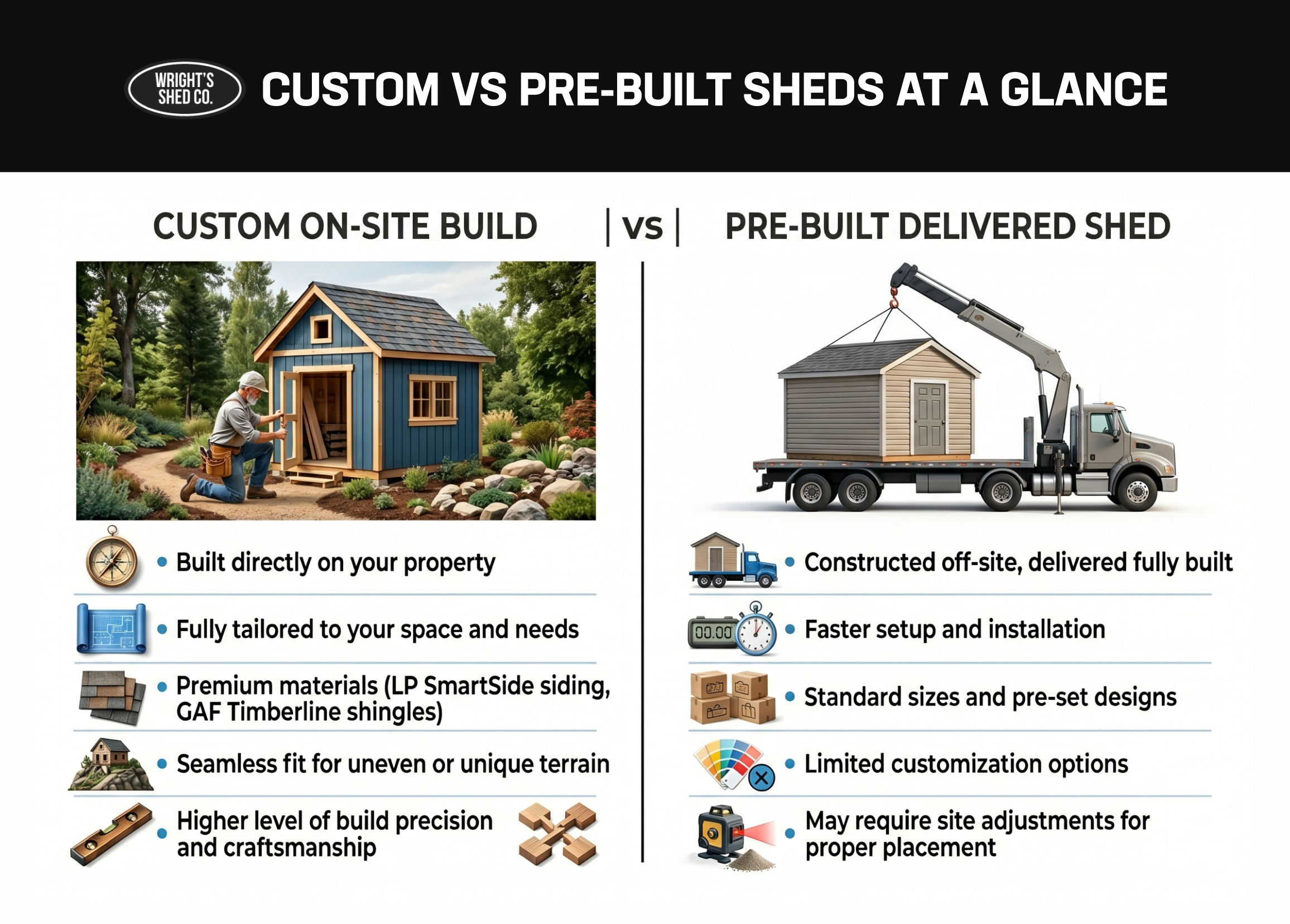 What is the difference between a custom shed and a pre-built shed? Side-by-side comparison of custom on-site and delivered sheds.