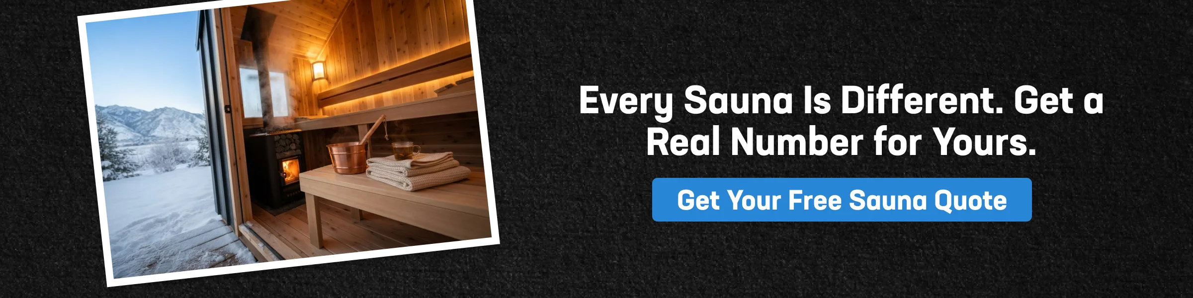 Backyard sauna cost graphic showing a warm wood sauna interior beside snowy Utah mountains with a free quote CTA.