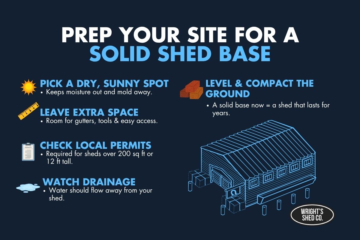 Infographic on how to prepare yard for shed installation, highlighting drainage, permits, site leveling, spacing, and shed base preparation.