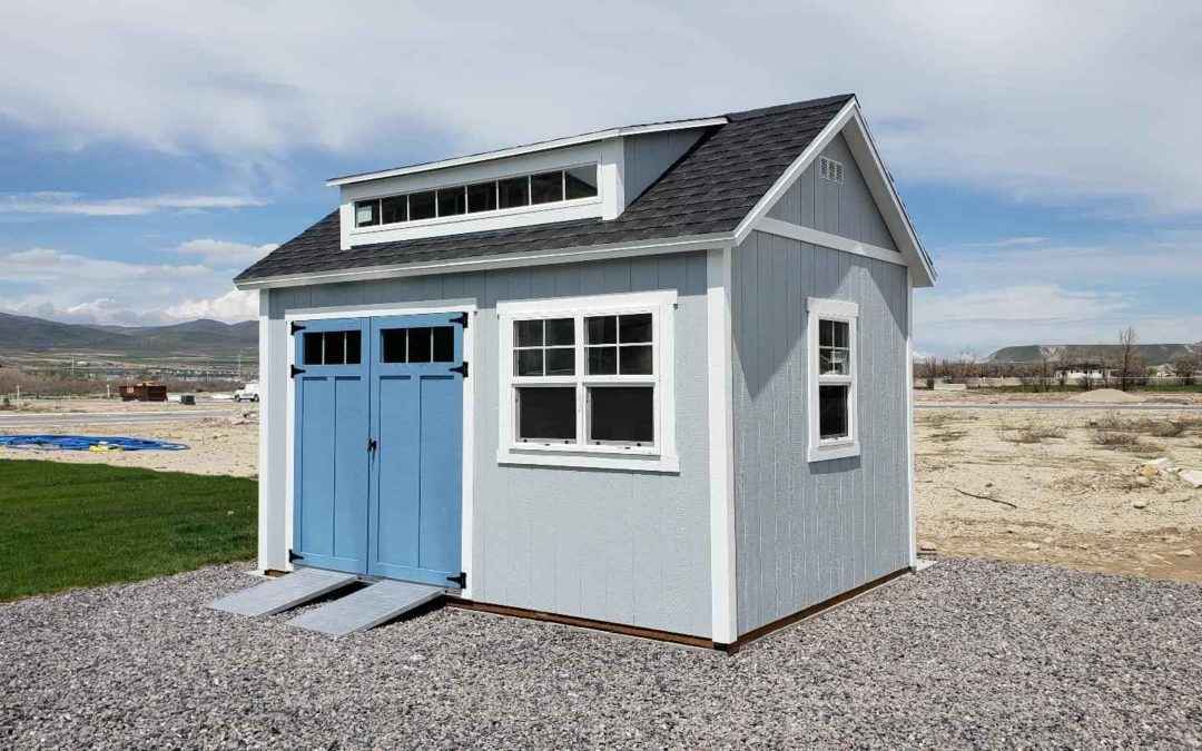 Orchard Shed with Blue Doors and 8' Popout - Wright Shed Co.