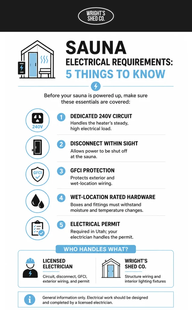 Infographic outlining sauna electrical requirements, including 240V circuits, GFCI protection, and required permits.