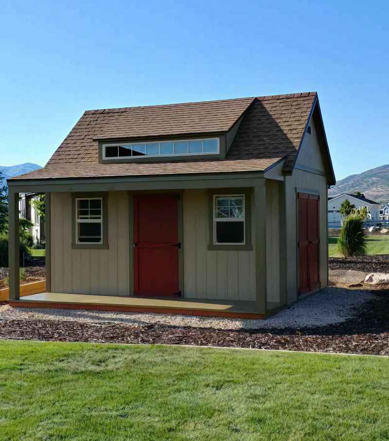Custom shed size design featuring a large storage shed with extended roof overhang, windows, and extra interior space.