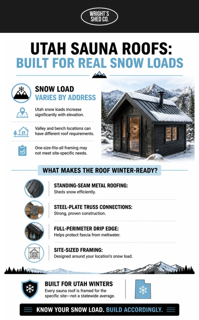 Infographic breaking down winter-ready roof features designed for an outdoor sauna in winter snow load conditions.